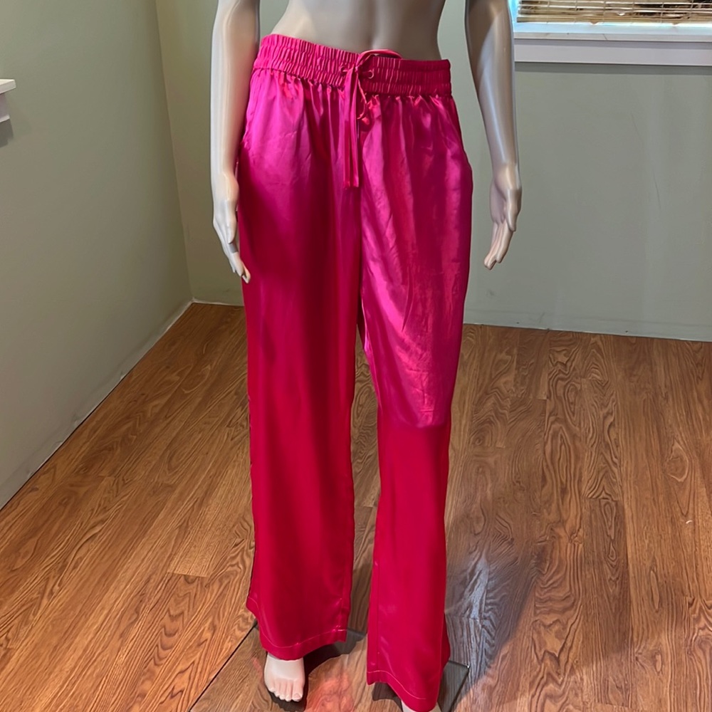 La Senza Pink Satin Wide Leg Drawstring Waist Pants With Black Stripes Size XL